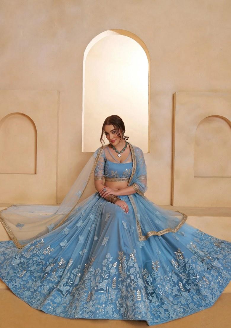 Blue Embroidered Net Lehenga Set - Indya