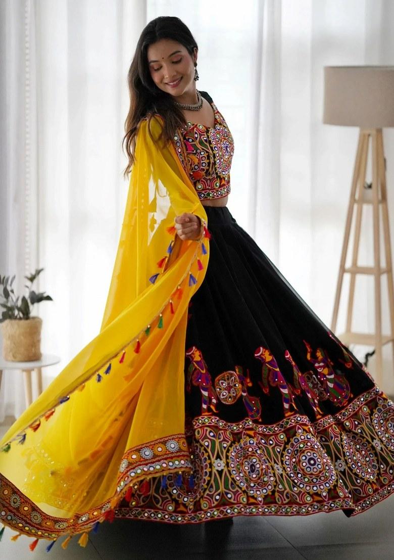 Black Mirror Work Georgette Lehenga Set - Indya