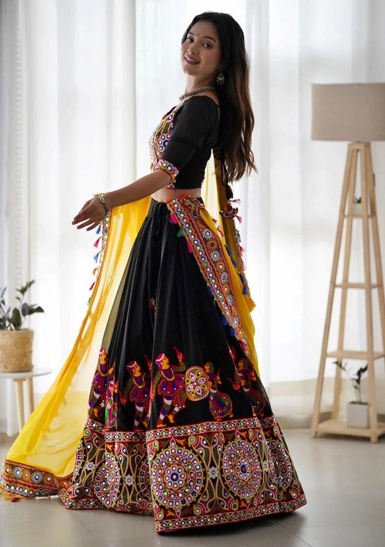 Black Mirror Work Georgette Lehenga Set - Indya