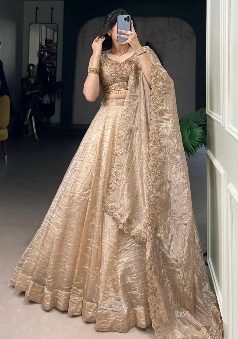 Golden Embroidered Organza Lehenga Set - Indya