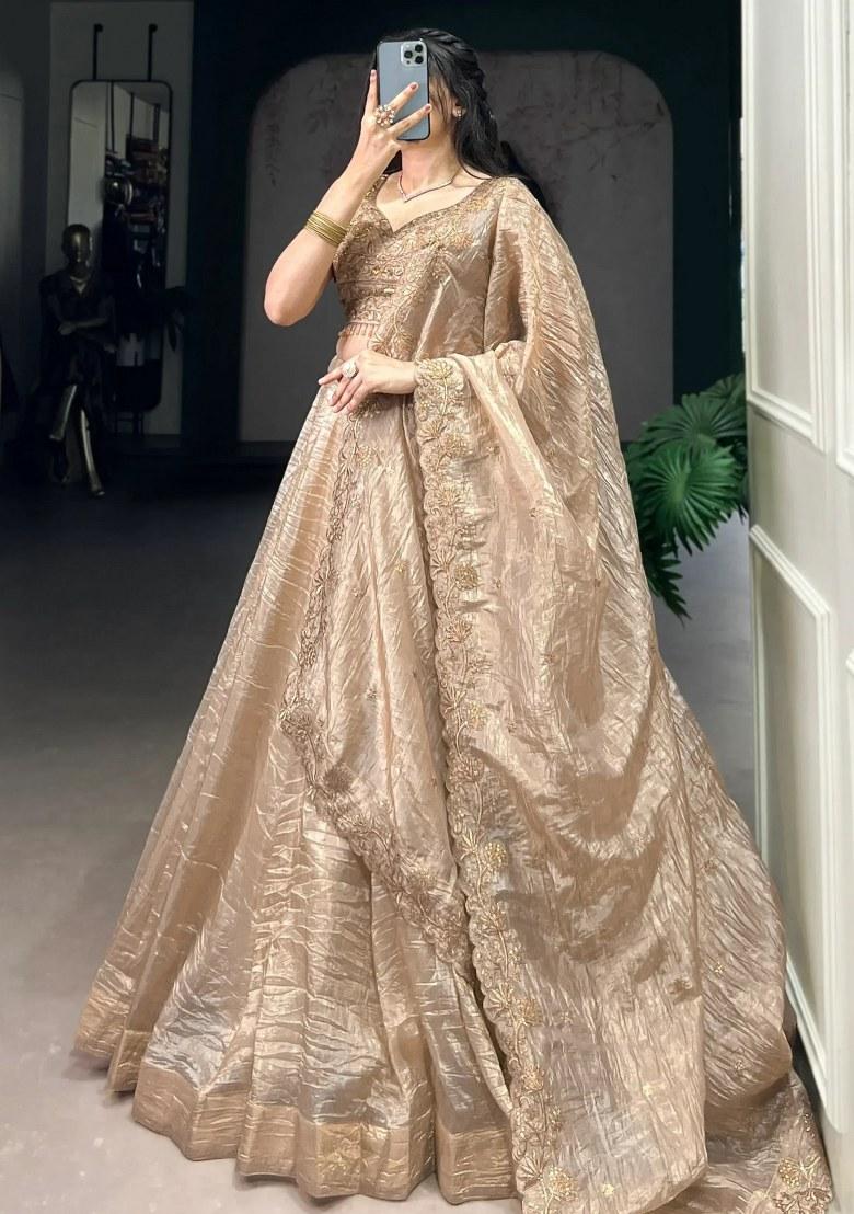 Golden Embroidered Organza Lehenga Set - Indya
