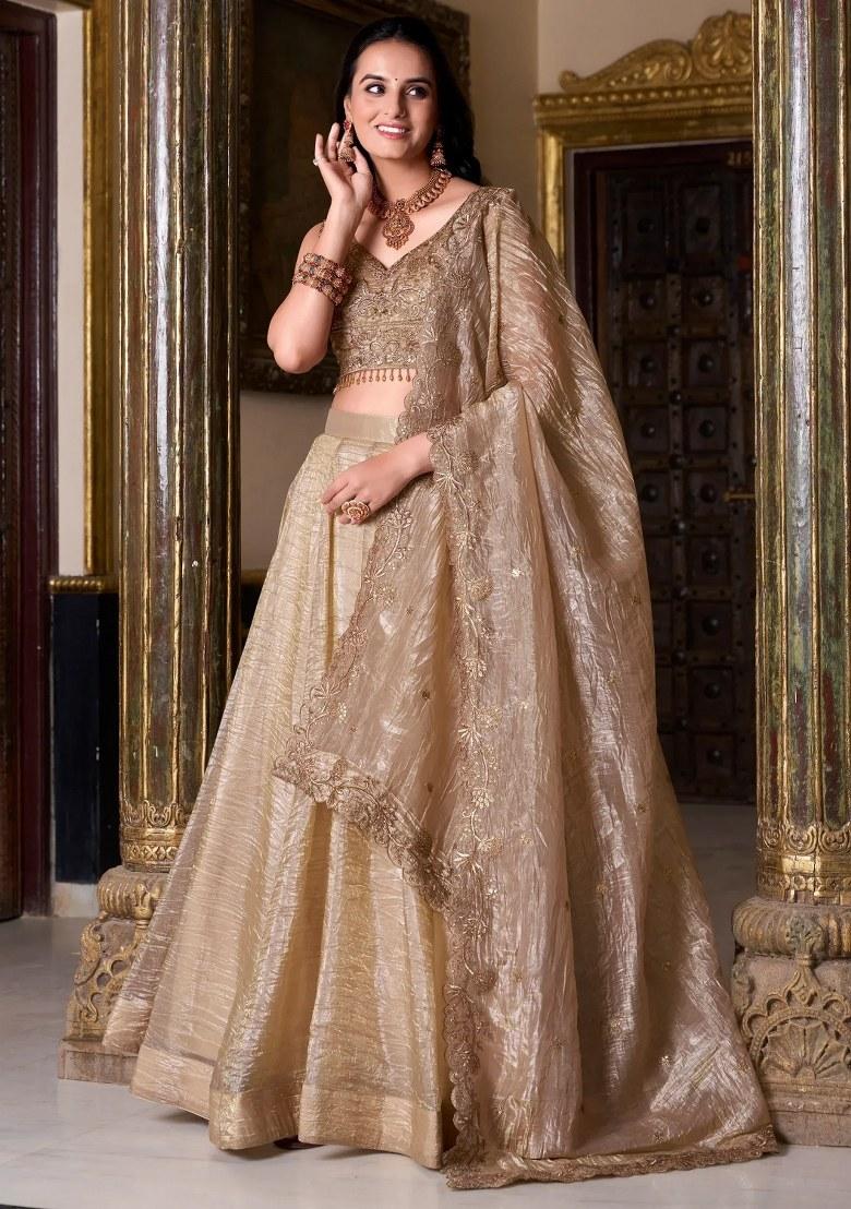 Golden Embroidered Organza Lehenga Set - Indya