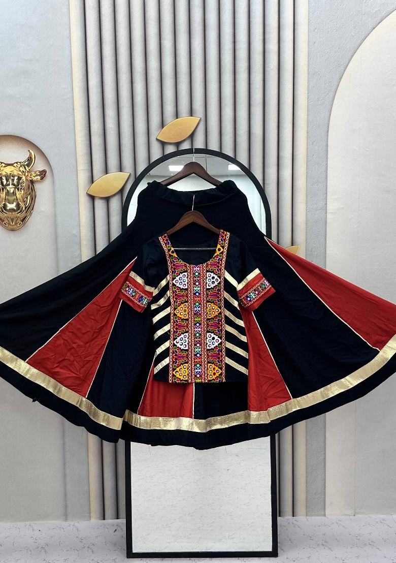 Black Embroidered Cotton Lehenga Set - Indya