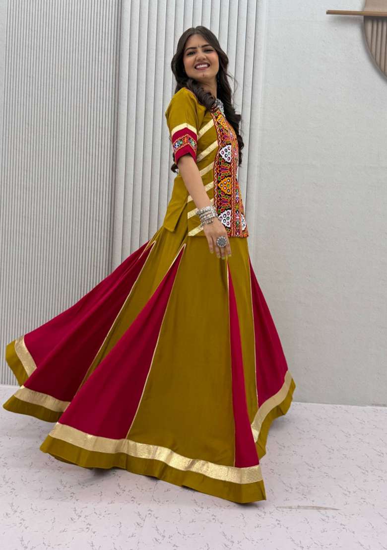 Mustard Embroidered Cotton Lehenga Set - Indya