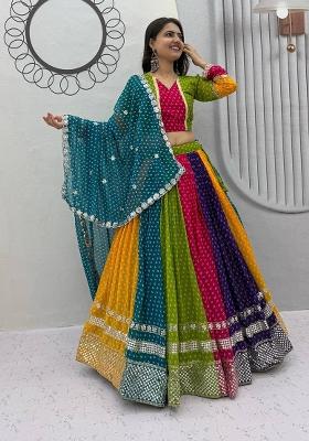 Multicolor Embroidered Georgette Lehenga Set