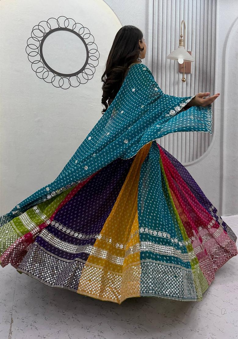 Multicolor Embroidered Georgette Lehenga Set - Indya