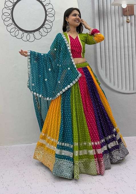 Multicolor Georgette Lehenga Set with Embroidered for Diwali | Wedding & Festive Wear