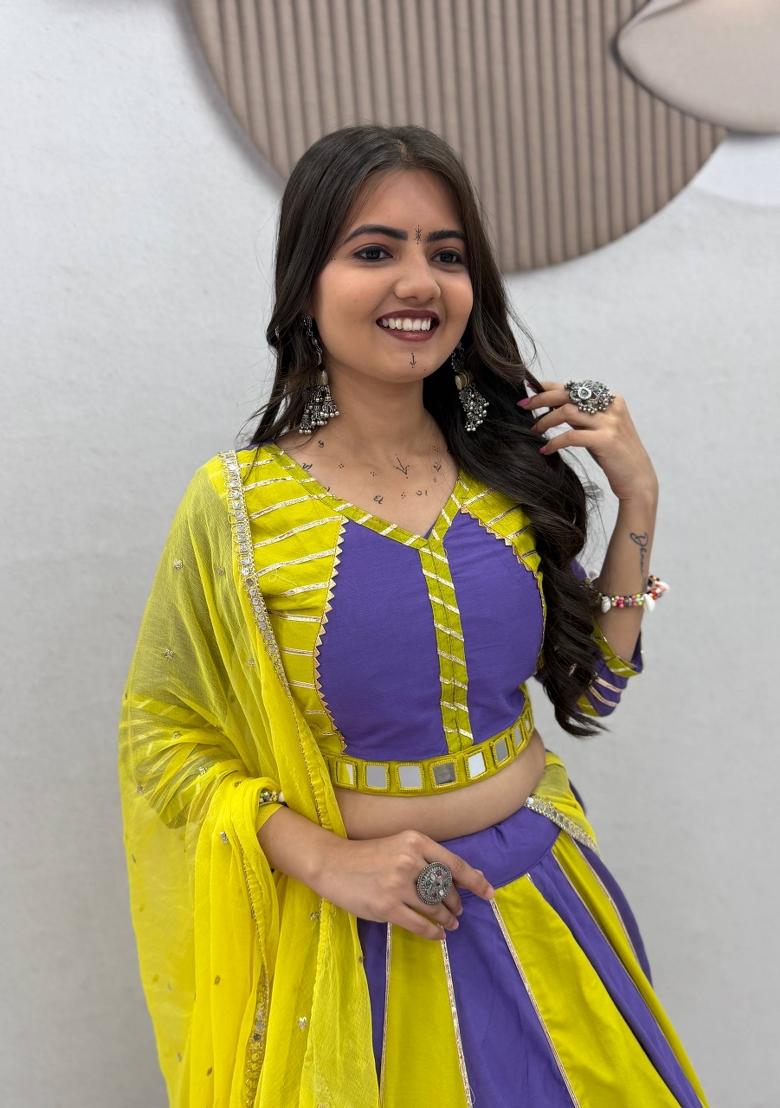 Yellow Embroidered Cotton Lehenga Set - Indya
