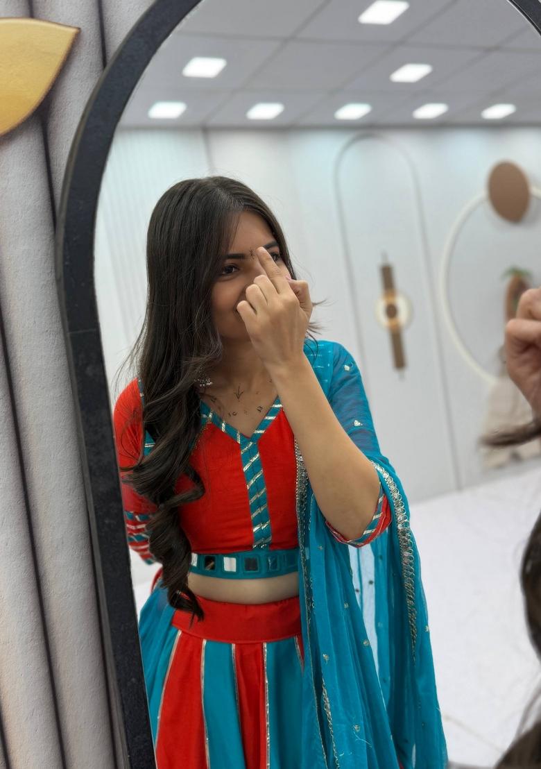Sky Blue Embroidered Cotton Lehenga Set - Indya