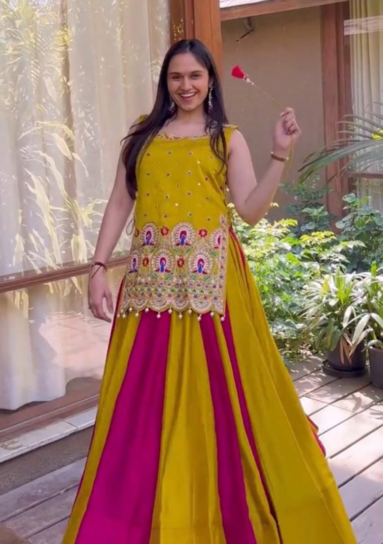 Yellow Embroidered Silk Lehenga Set - Indya