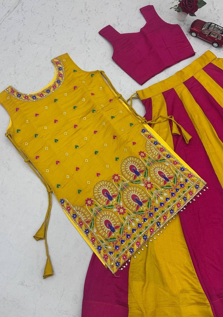 Yellow Embroidered Silk Lehenga Set - Indya