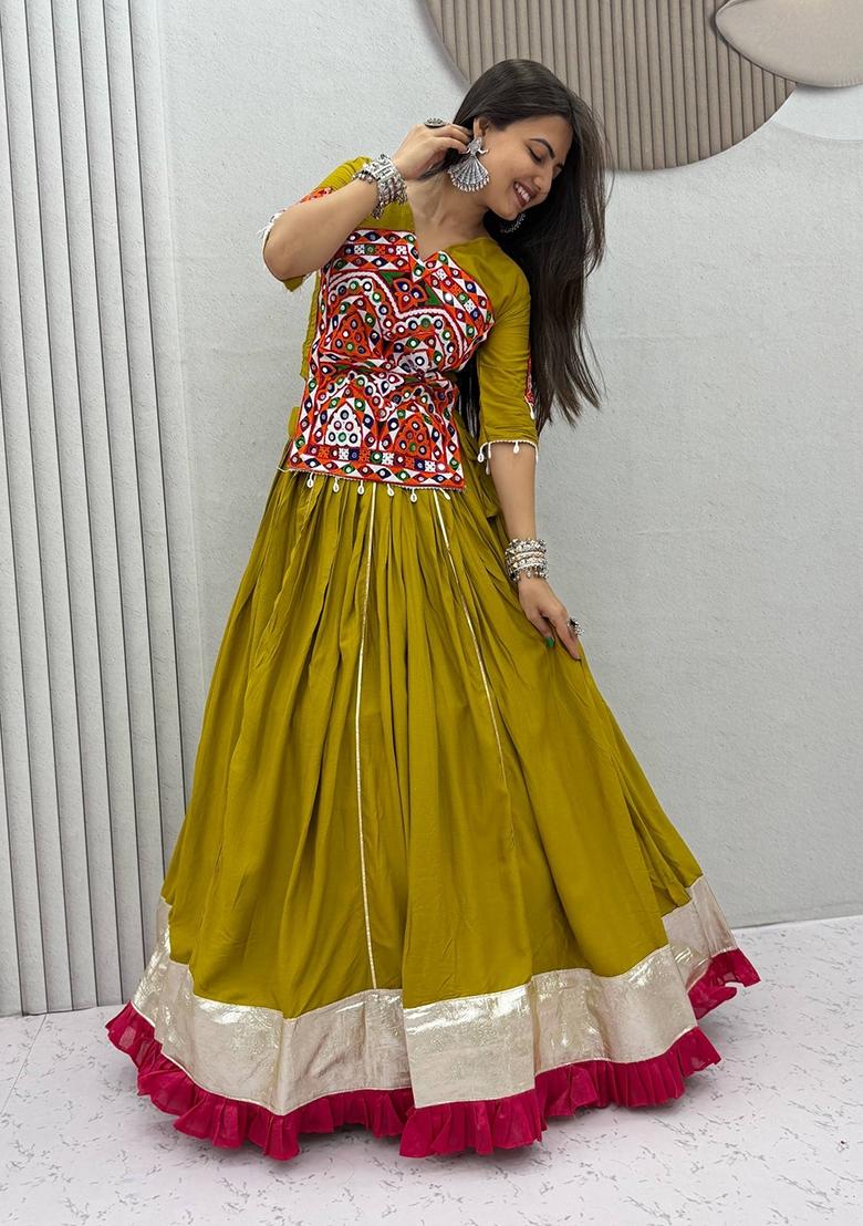 Yellow Embroidered Cotton Lehenga Set - Indya