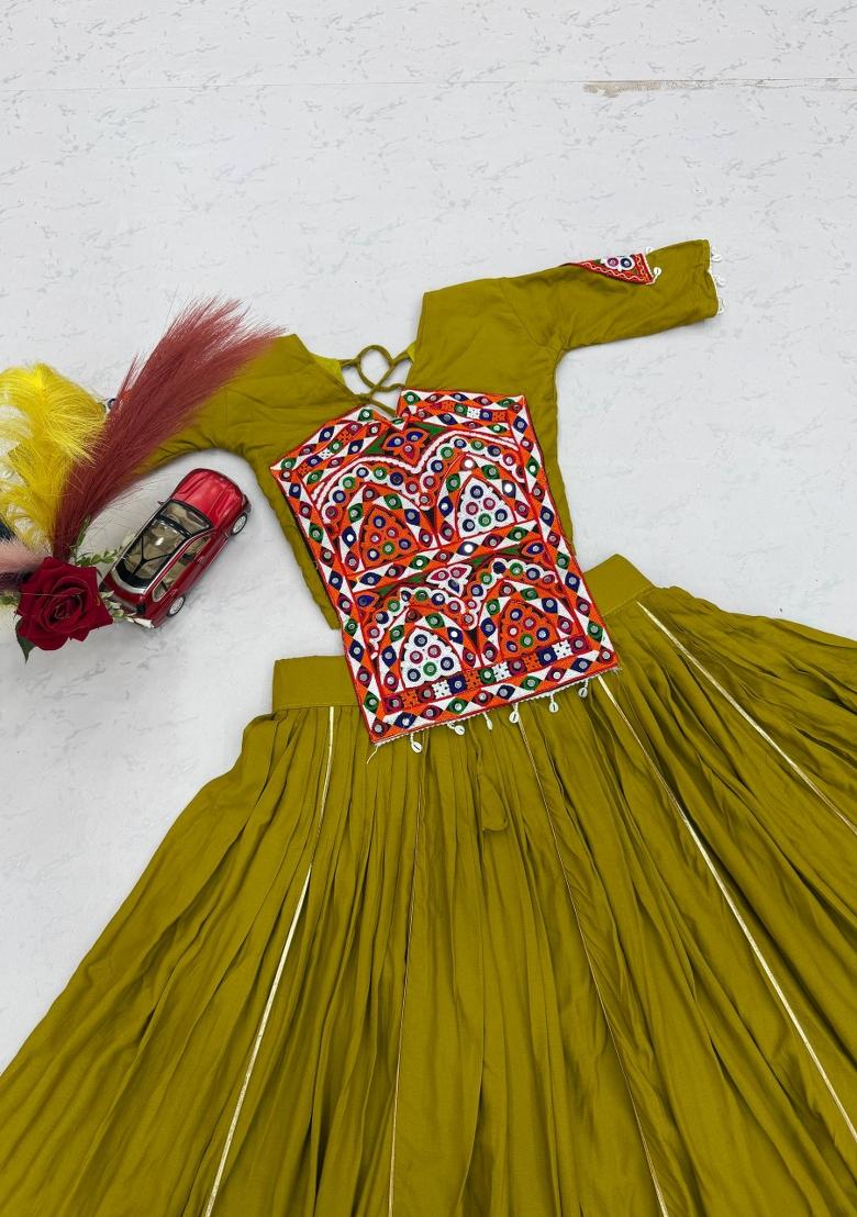 Yellow Embroidered Cotton Lehenga Set - Indya