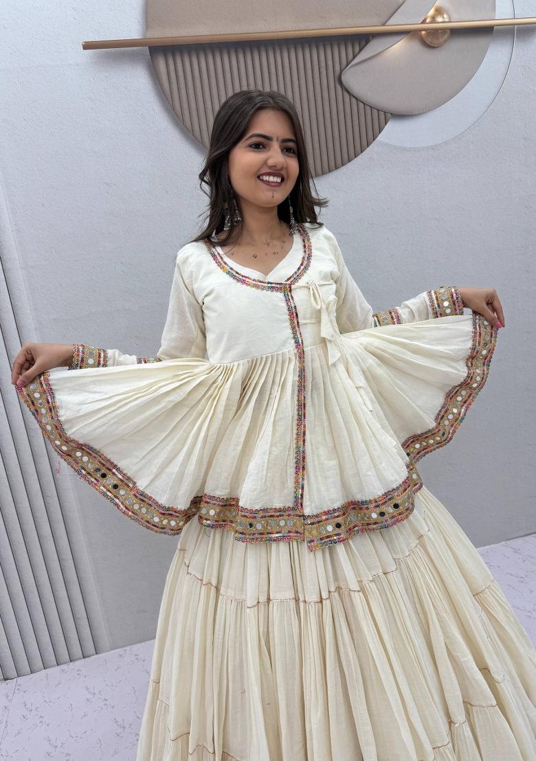 White Embroidered Cotton Lehenga Set - Indya
