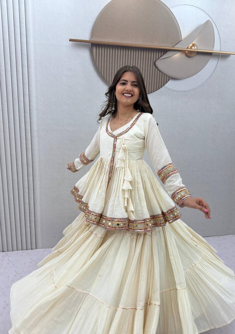 White Embroidered Cotton Lehenga Set - Indya