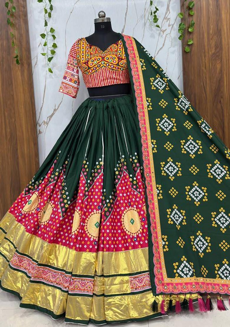 Green Mirror Work Cotton Lehenga Set - Indya