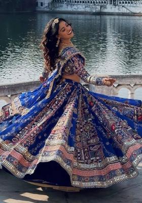 Blue Mirror Work Cotton Lehenga Set