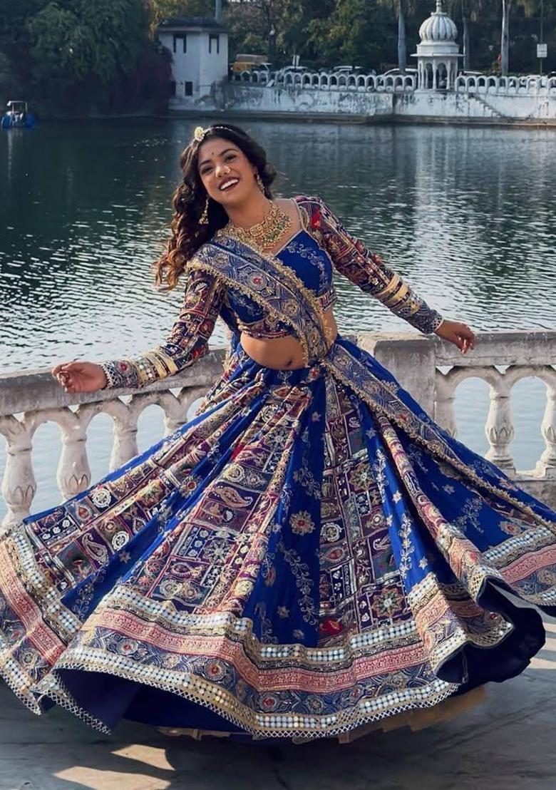 Blue Mirror Work Cotton Lehenga Set - Indya