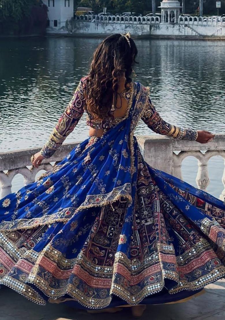 Blue Mirror Work Cotton Lehenga Set - Indya
