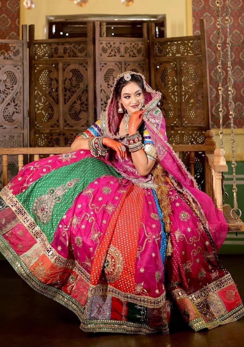 Multicolor Mirror Work Cotton Lehenga Set - Indya