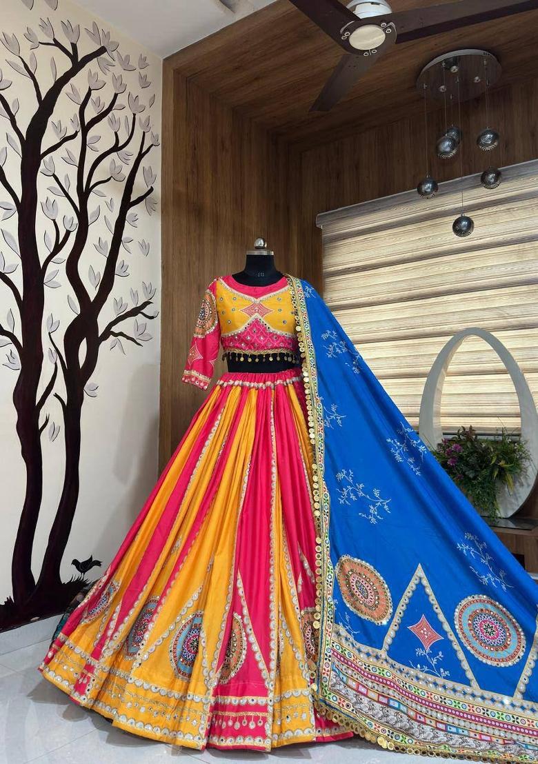 Multicolor Mirror Work Cotton Lehenga Set - Indya