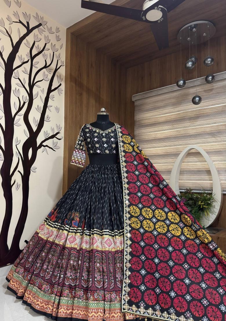Black Mirror Work Cotton Lehenga Set - Indya