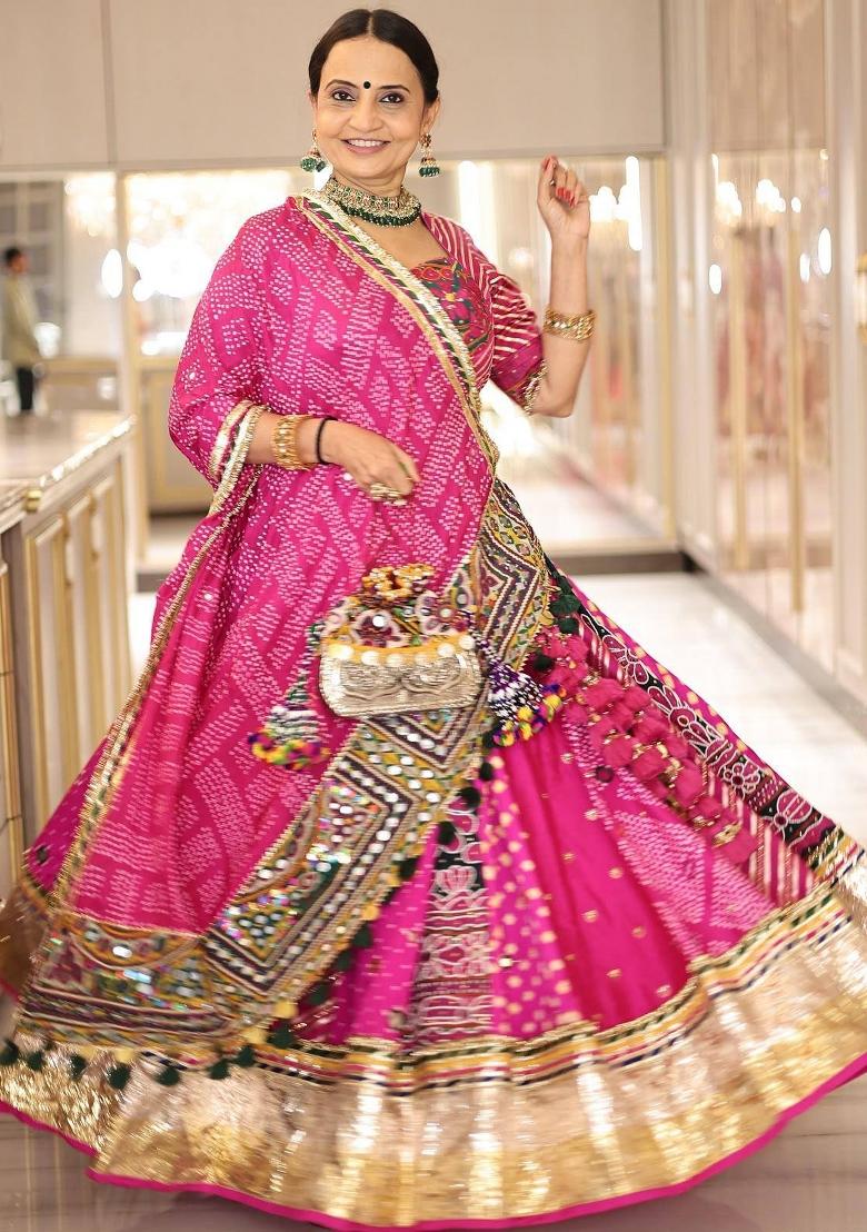 Pink Mirror Work Cotton Lehenga Set - Indya
