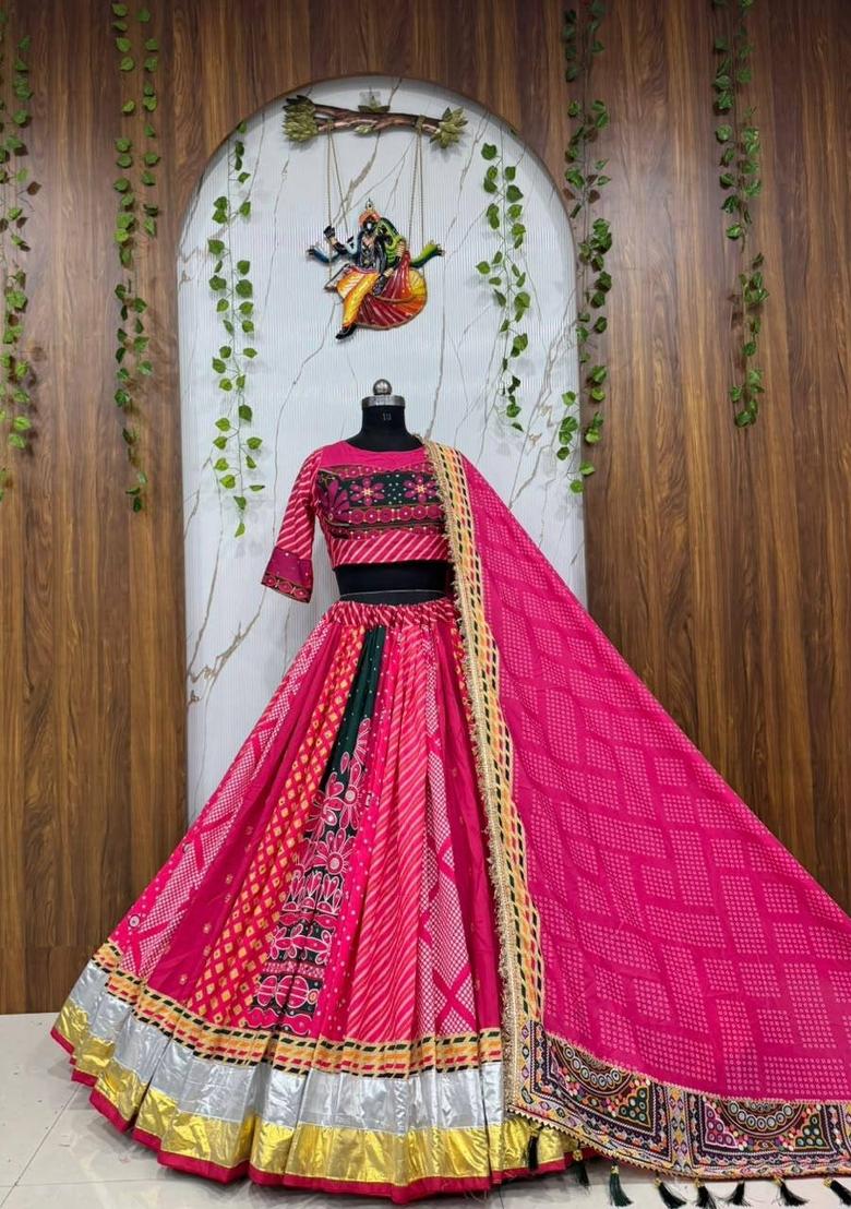 Pink Mirror Work Cotton Lehenga Set - Indya