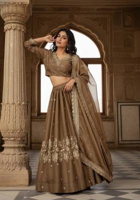 Brown Embroidered Silk Lehenga Set