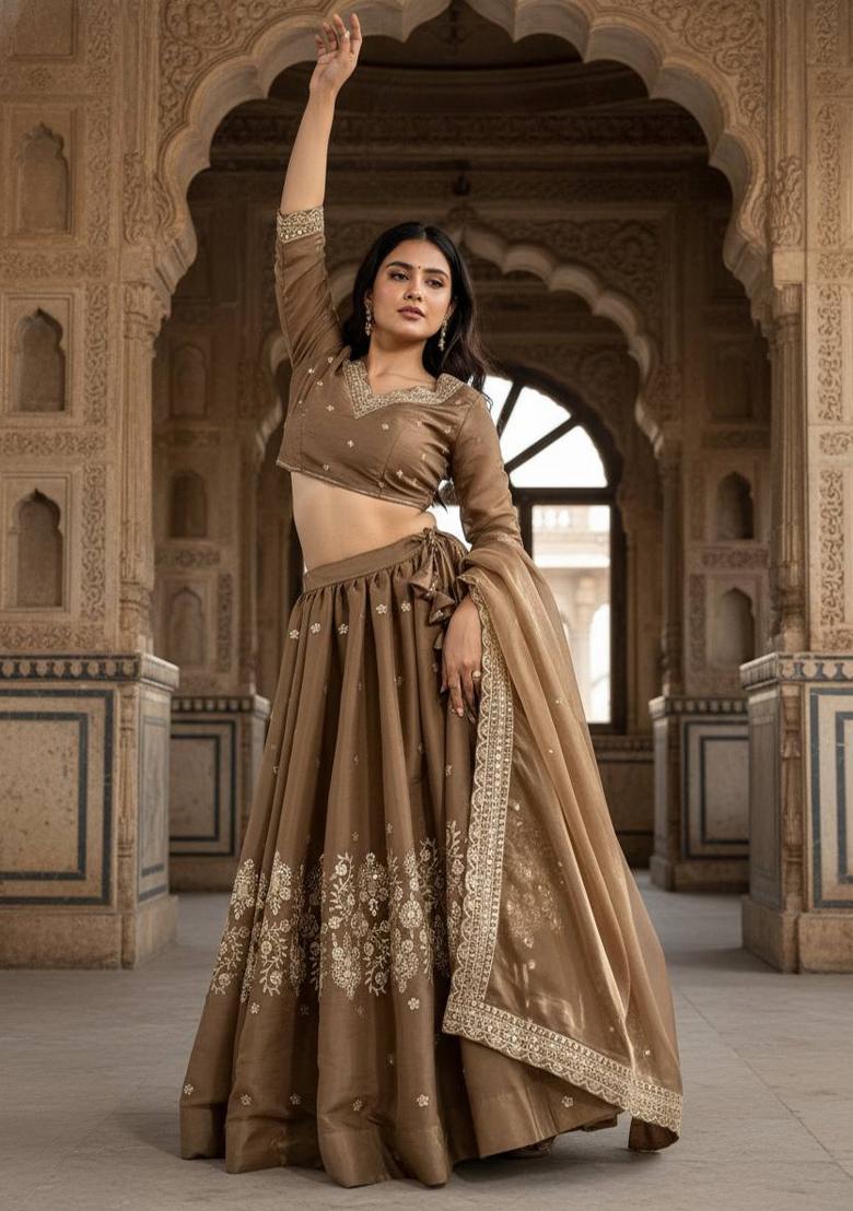 Brown Embroidered Silk Lehenga Set - Indya