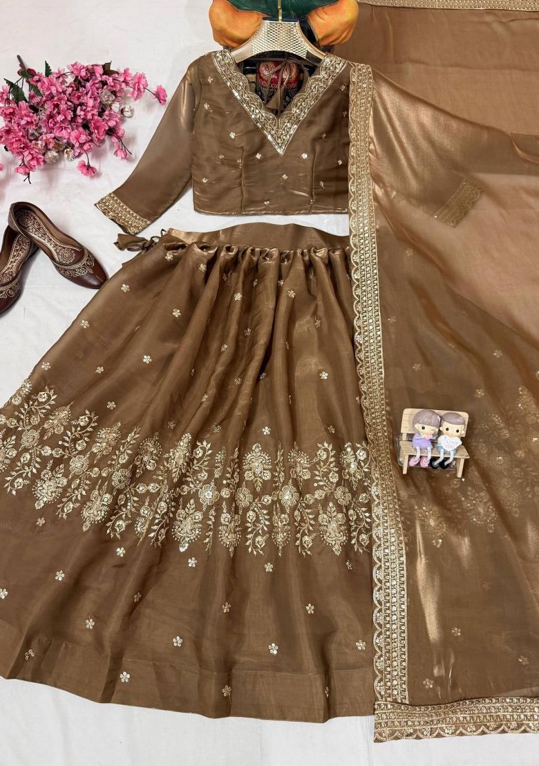 Brown Embroidered Silk Lehenga Set - Indya