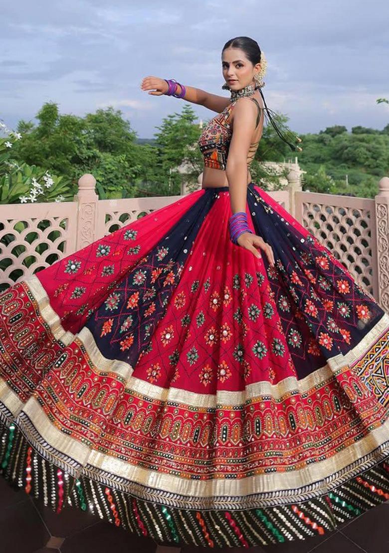 Multicolor Embroidered Silk Lehenga Set - Indya