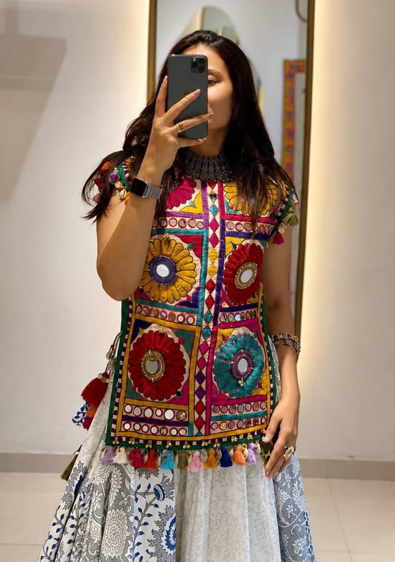Multicolor Embroidered Cotton Lehenga Set - Indya