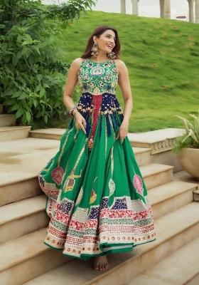 Green Embroidered Cotton Lehenga Set