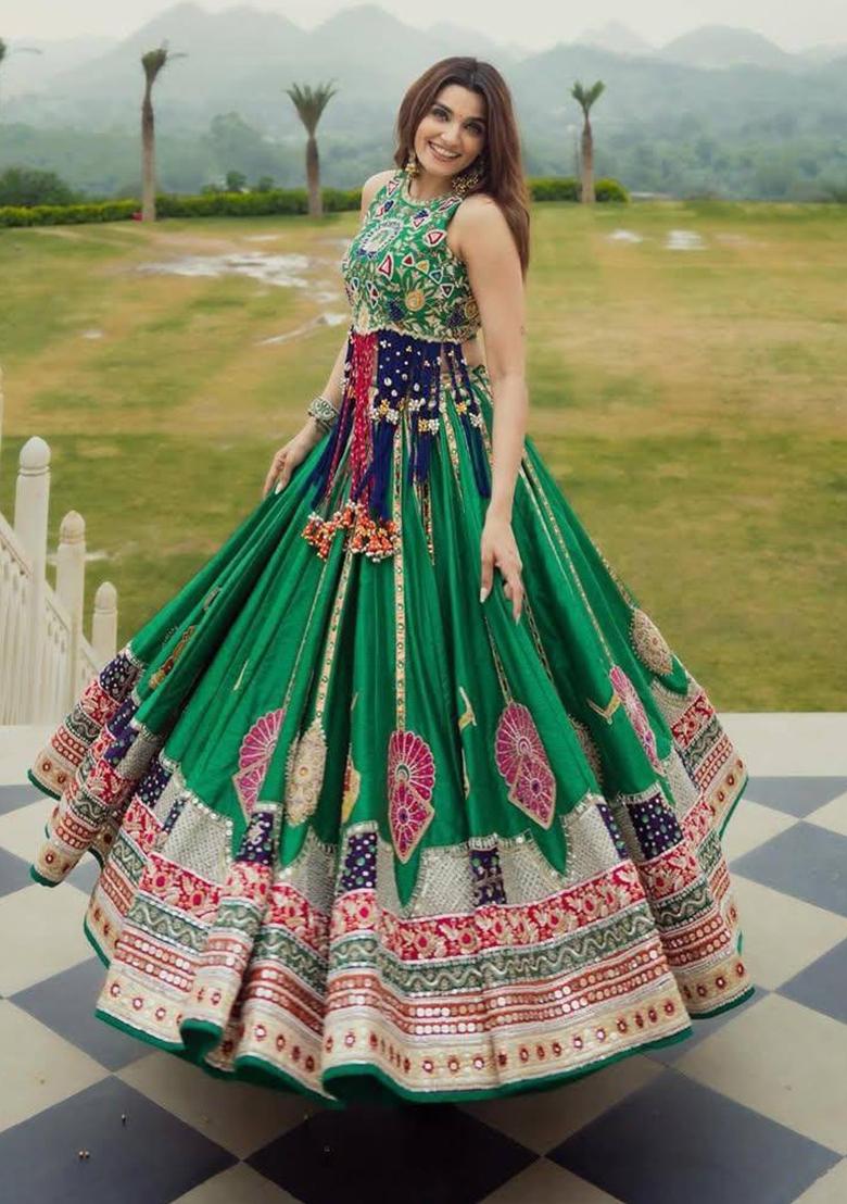 Green Embroidered Cotton Lehenga Set - Indya