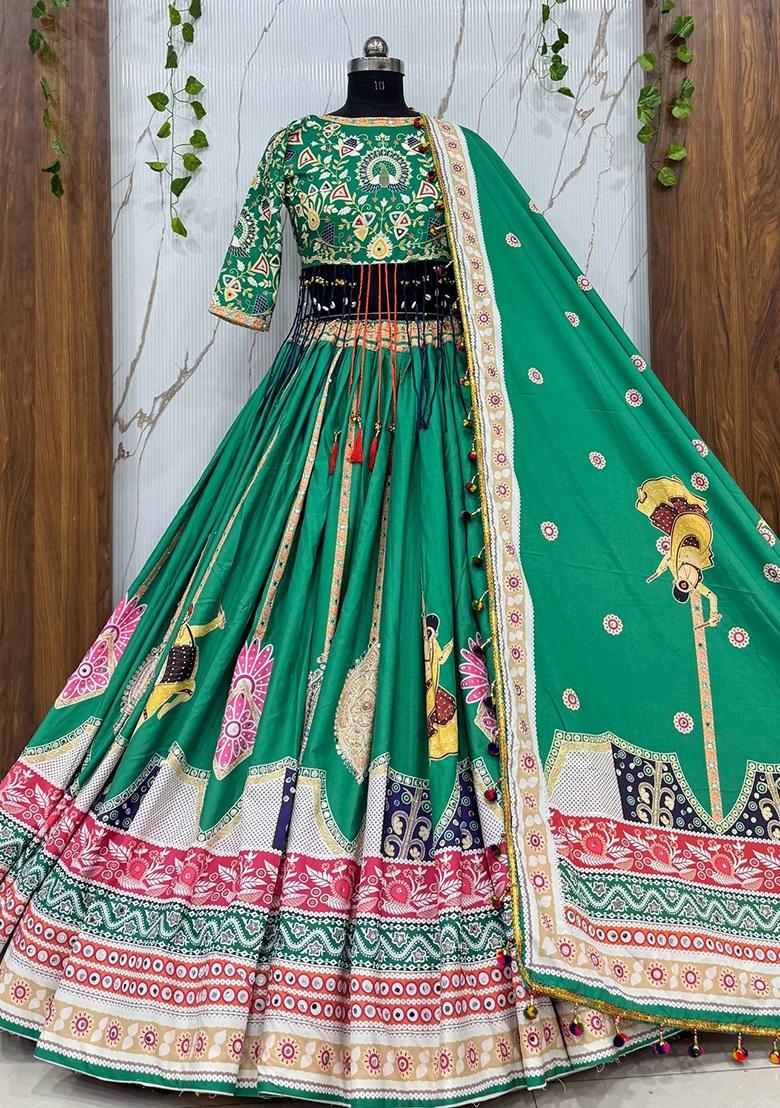 Green Embroidered Cotton Lehenga Set - Indya