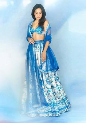 Sky Blue Embroidered Cotton Lehenga Set