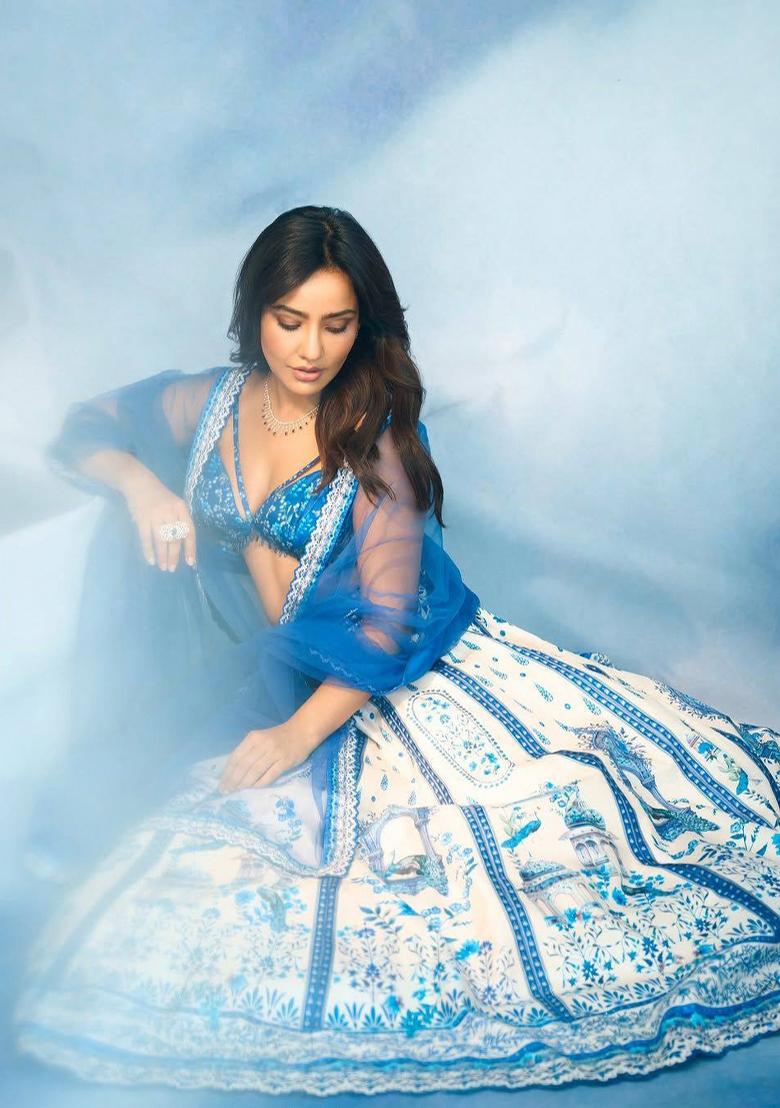 Sky Blue Embroidered Cotton Lehenga Set - Indya