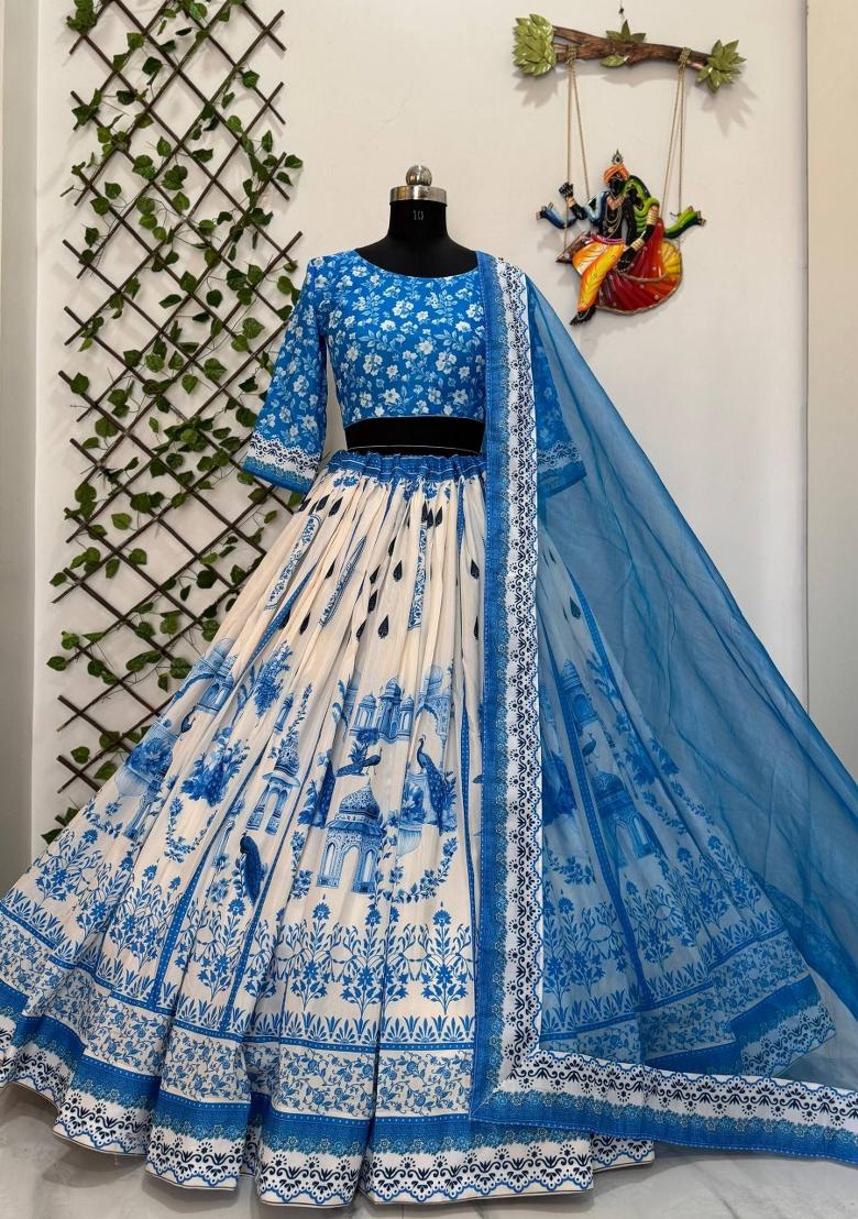 Sky Blue Embroidered Cotton Lehenga Set - Indya