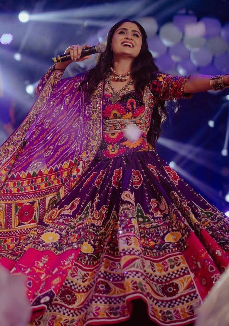 Purple Embroidered Cotton Lehenga Set - Indya
