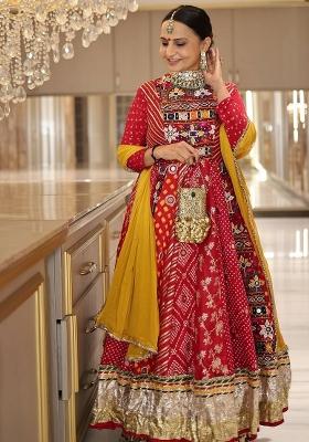 Red Embroidered Cotton Lehenga Set