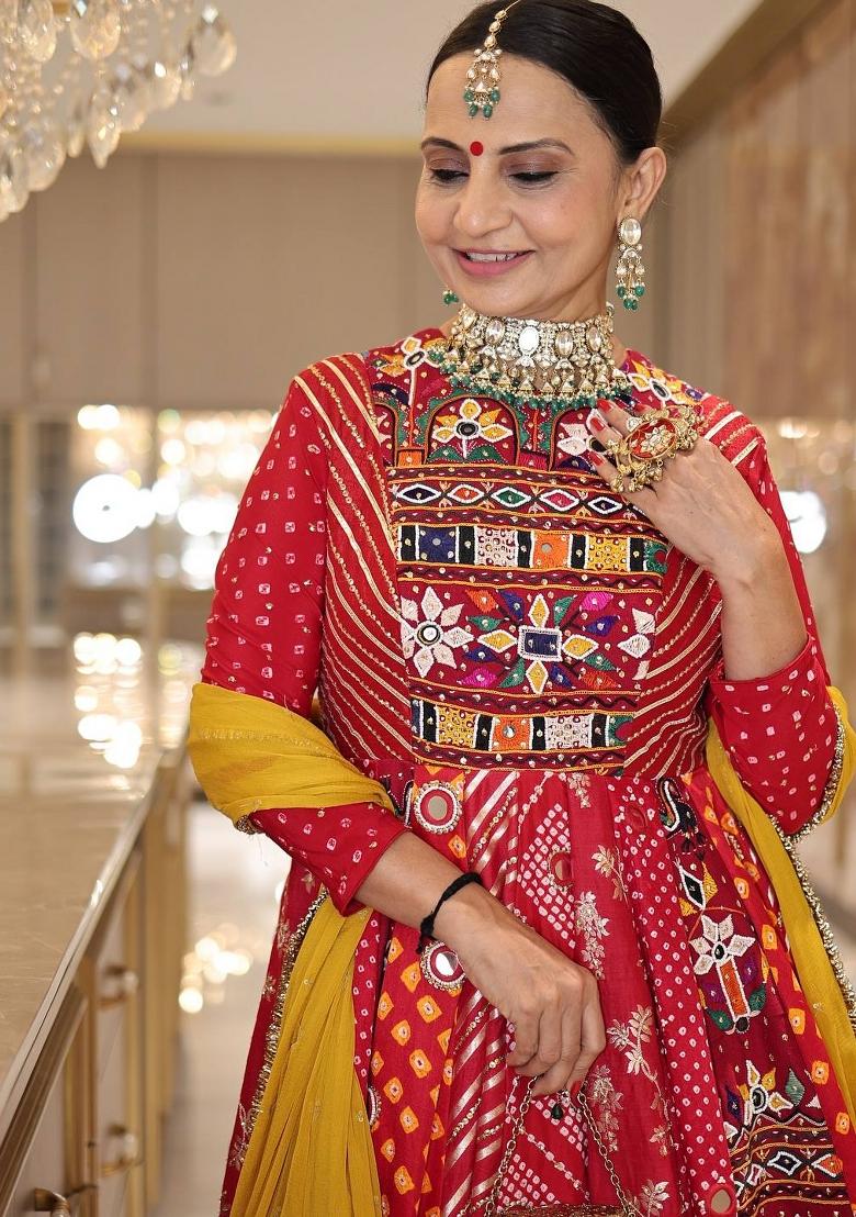 Red Embroidered Cotton Lehenga Set - Indya
