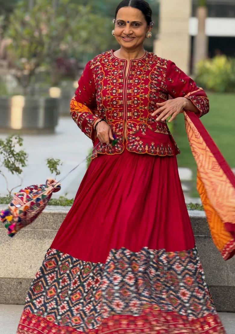 Red Embroidered Cotton Lehenga Set - Indya