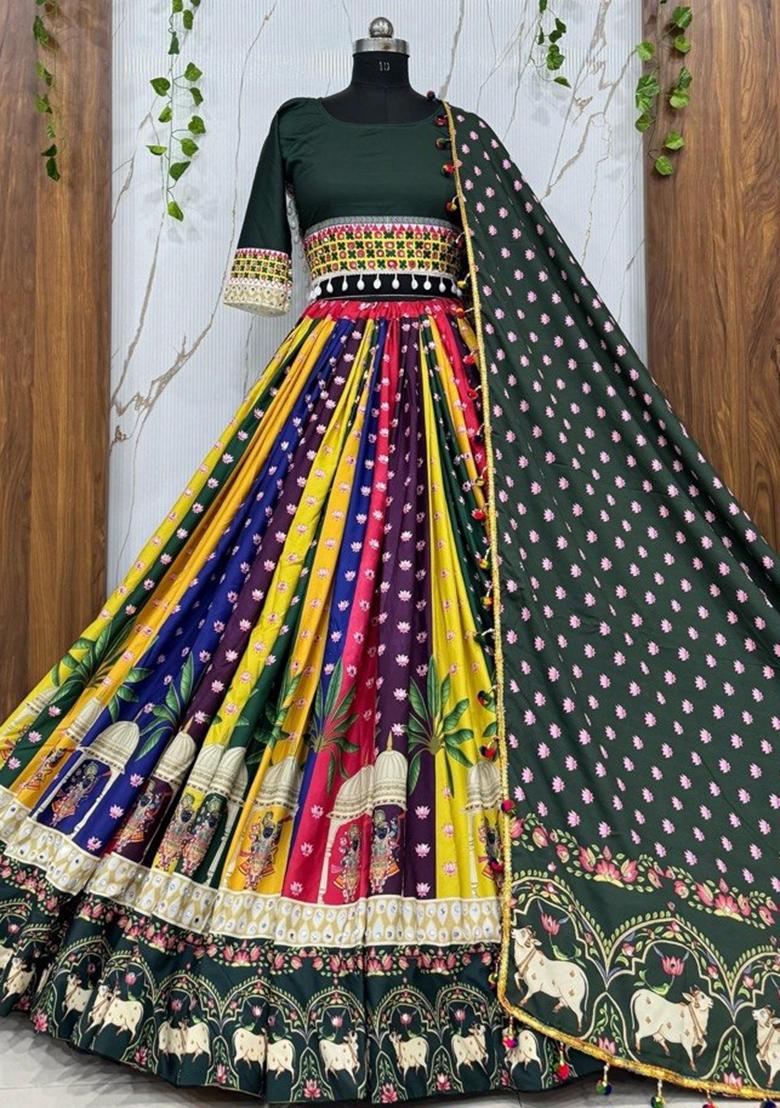 Multicolor Embroidered Cotton Lehenga Set - Indya