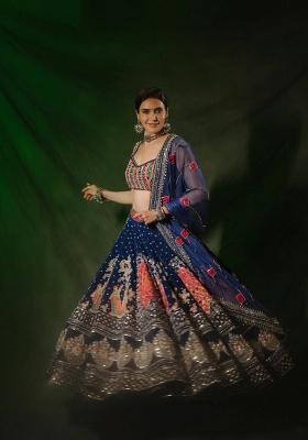 Blue Embroidered Cotton Lehenga Set
