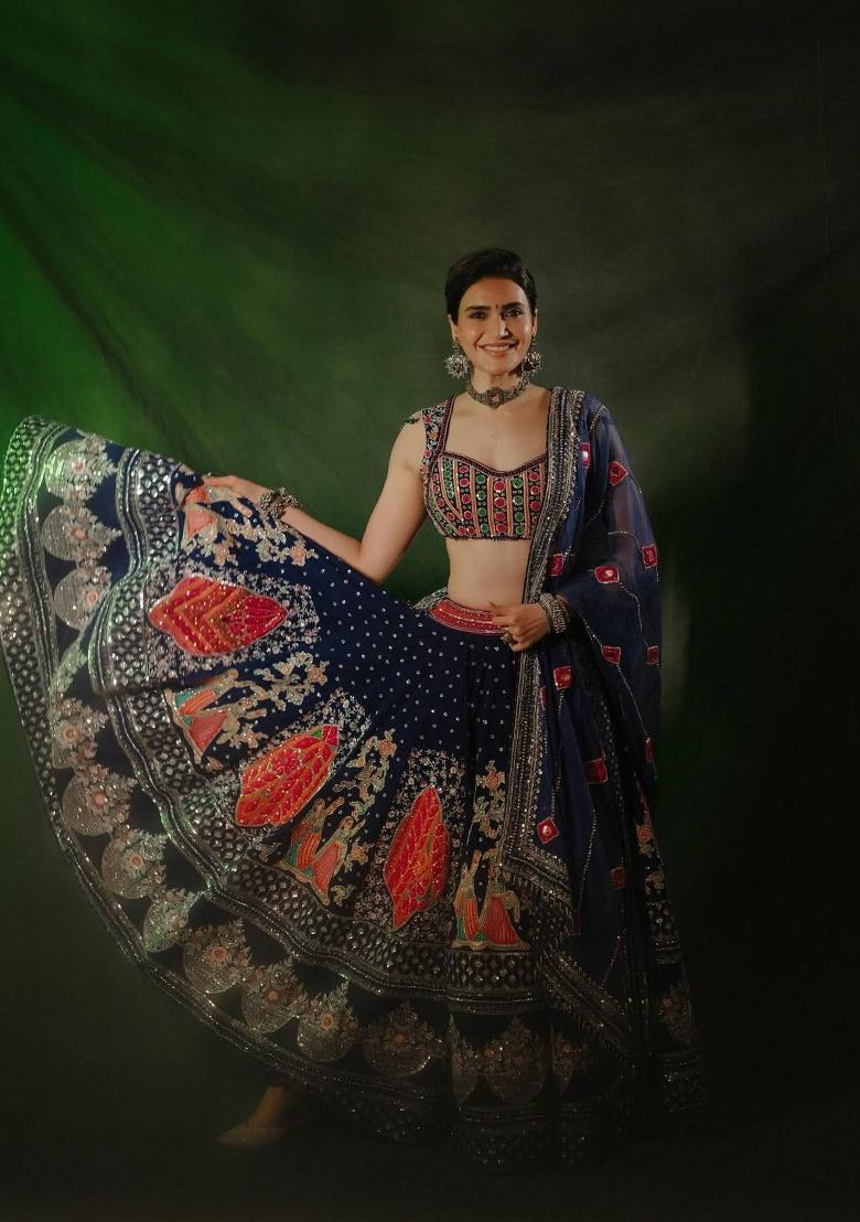 Blue Embroidered Cotton Lehenga Set - Indya