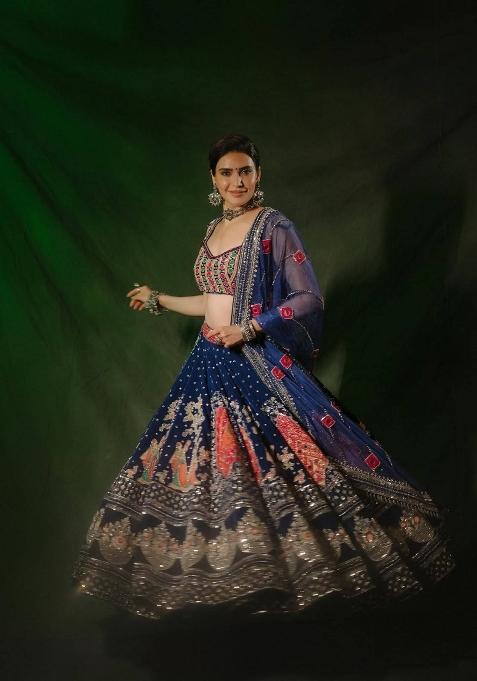 Blue Embroidered Cotton Lehenga Set