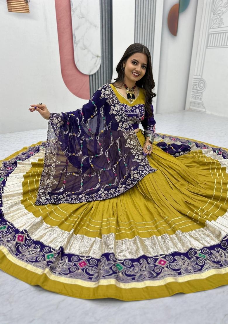 Yellow Embroidered Cotton Lehenga Set - Indya