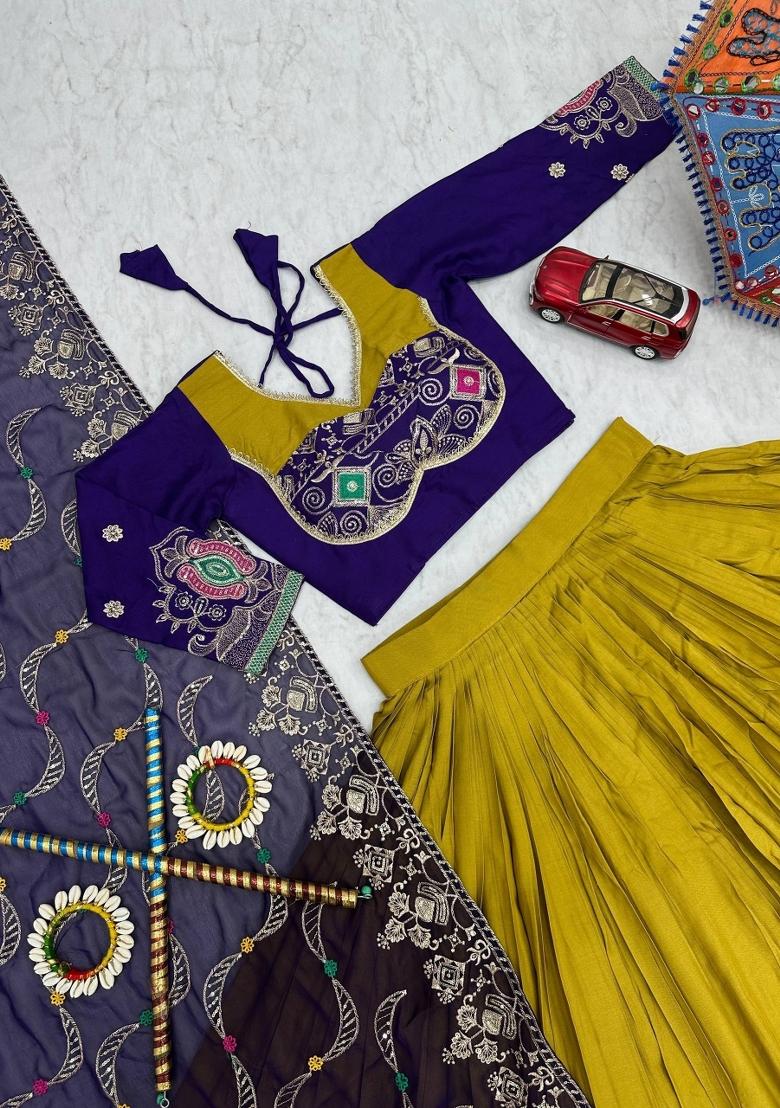 Yellow Embroidered Cotton Lehenga Set - Indya