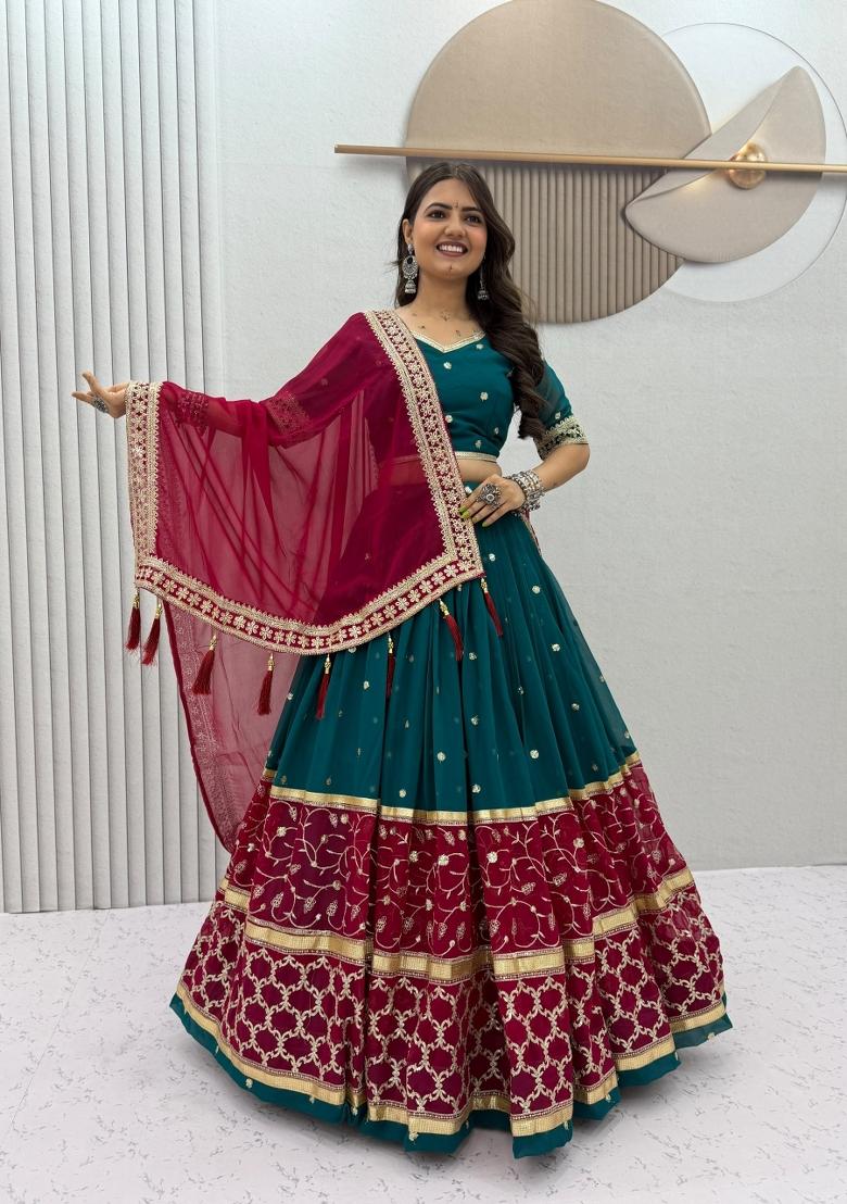 Rama Embroidered Georgette Lehenga Set - Indya
